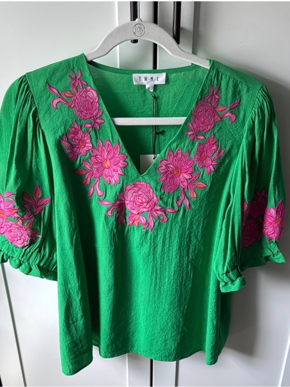 THML Bright Puff Sleeve Green V-Neck Blouse with Pink Floral Embroidery